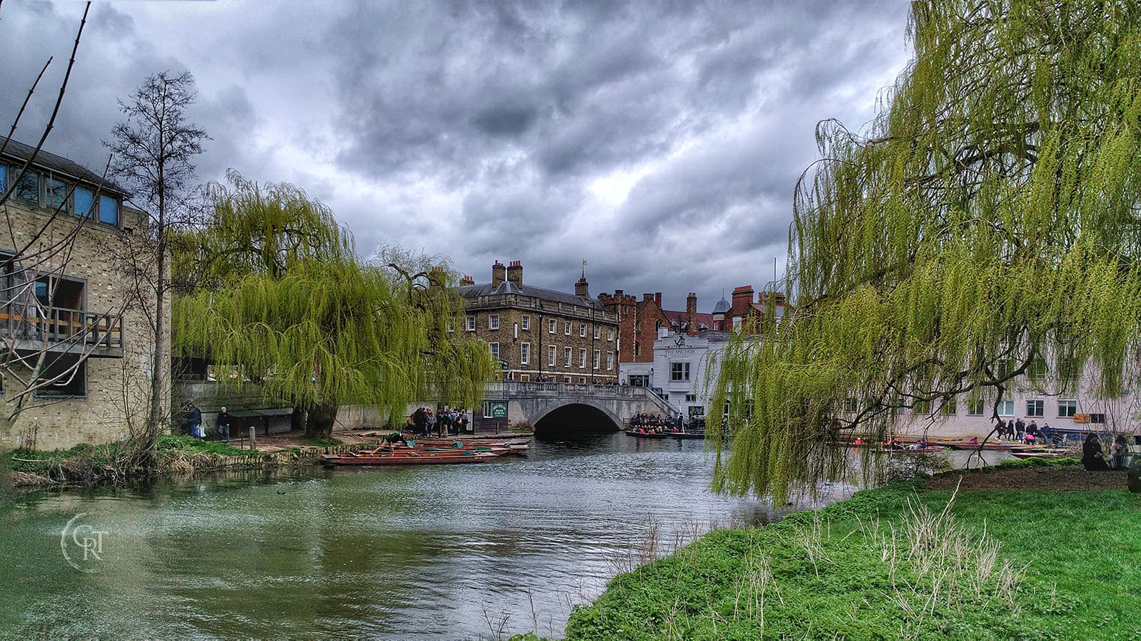 The Mill pond, Cambridge with the Anchor, Silver St & Queens' college in the background