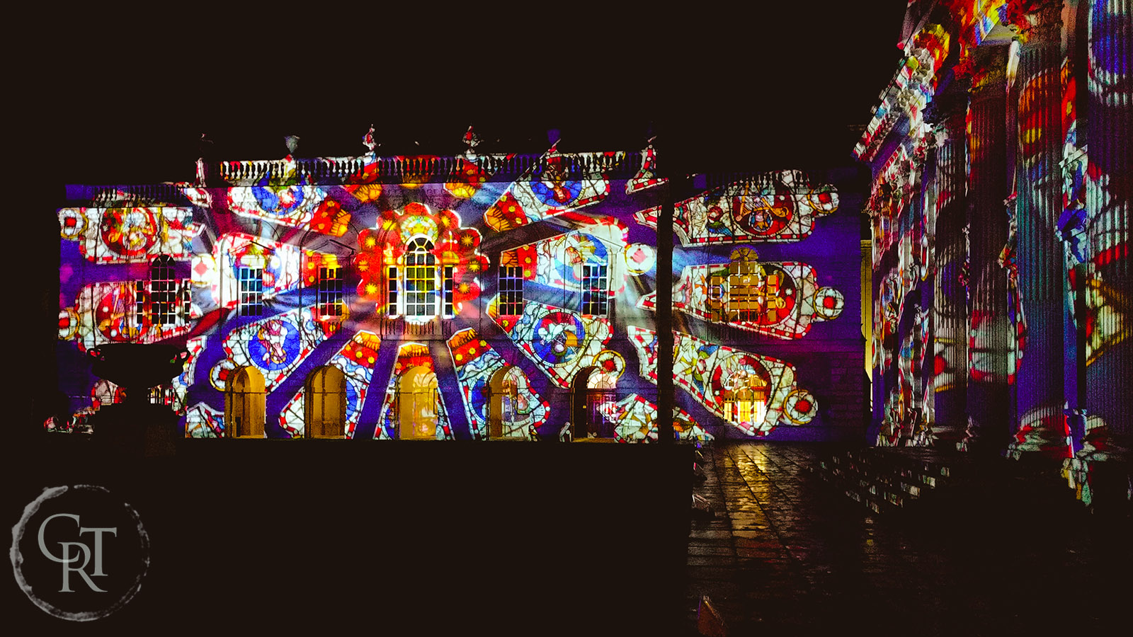 Senate House, Cambridge lit up as part of the 2017 E-luminate festival