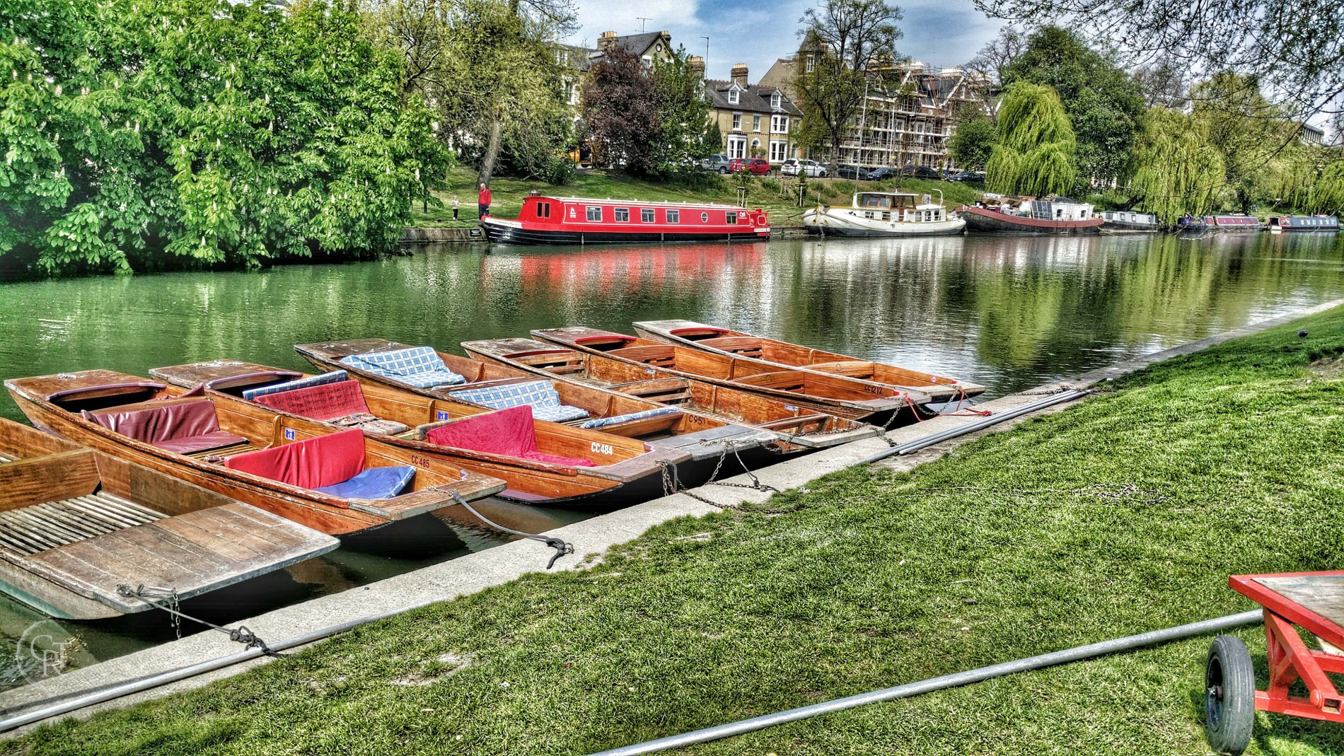 Punts from La Mimosa punt station, moored on Jesus Green