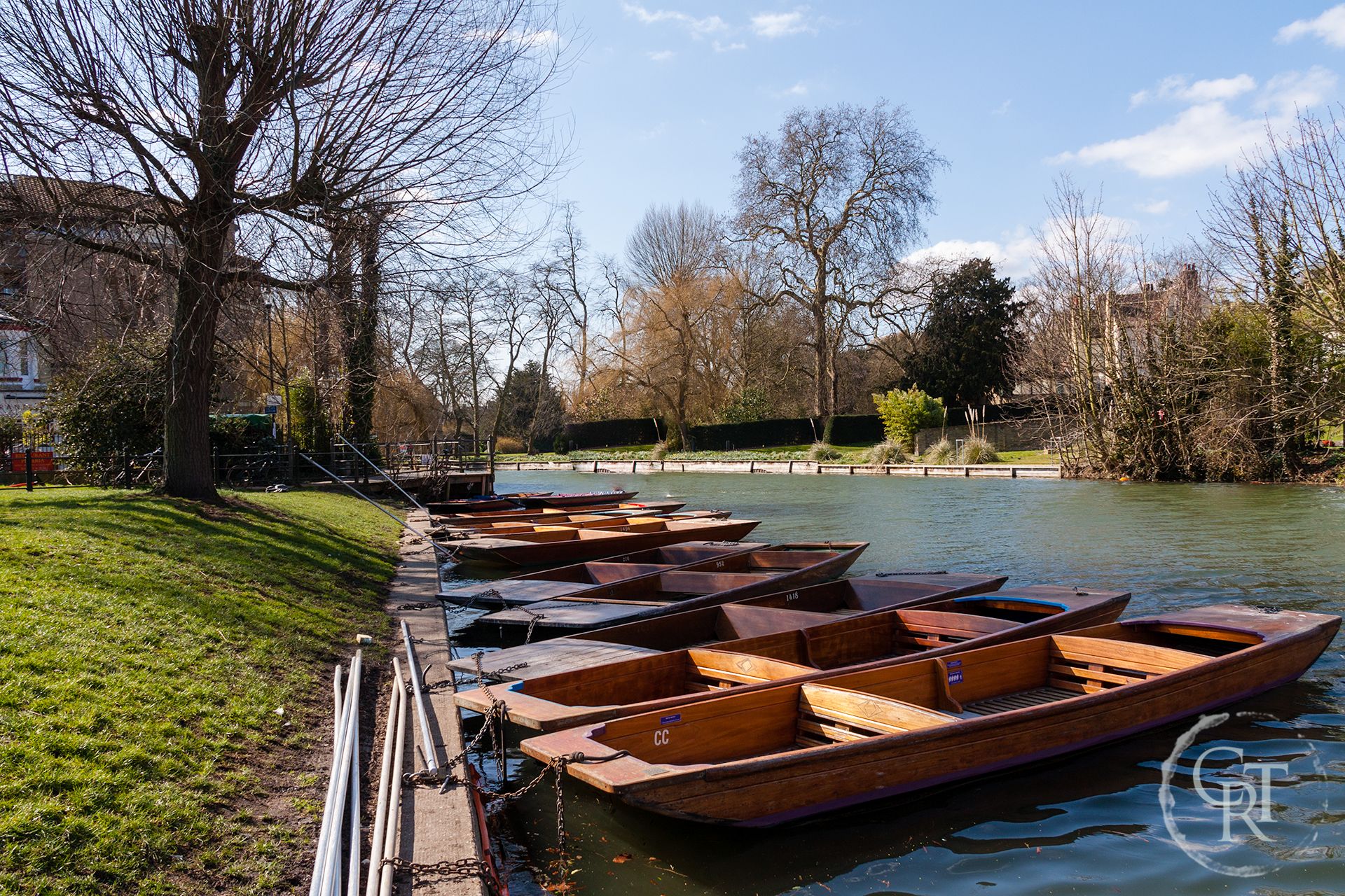 Punts moored up at Jesus Green, Cambridge