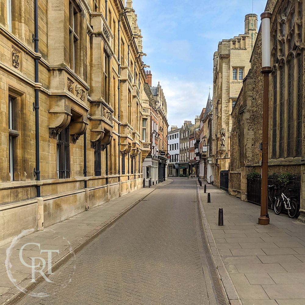 A deserted Trinity Street in Cambridge during lockdown